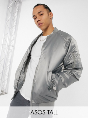 Asos Design Tall Oversized Bomber Jacket With Ma1 Pocket In High Shine Gray