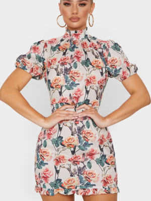 Nude Rose Print High Neck Short Sleeve Bodycon...