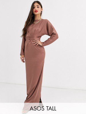 Asos Design Tall Maxi Dress With Batwing Sleeve And Wrap Waist In Satin