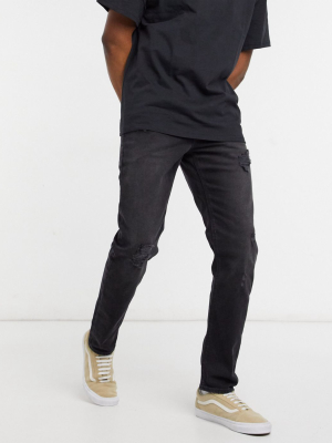 Asos Design Stretch Slim Jeans In Washed Black With Heavy Rips