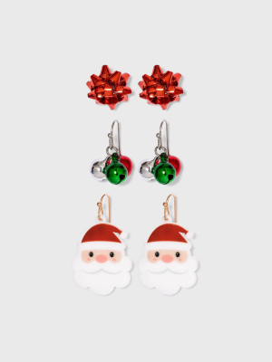 Ribbon Bow Bell Cluster And Santa Earring Set 3pc