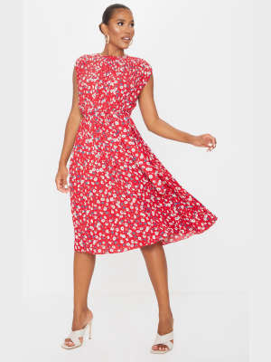 Red Floral Pleated Sleeveless Midi Dress