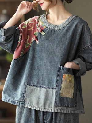 Women Retro Stitching Patchwork Print Floral Denim Sweatshirt