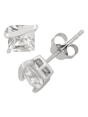 Princess-cut White Sapphire Stud Earrings In Sterling Silver