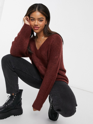 Asos Design Oversized Sweater With V-neck In Chocolate