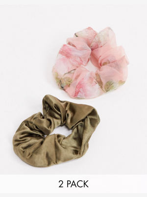 Monki Kelly 2-pack Satin & Organza Scrunchie In Brown And Print