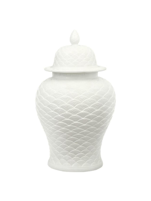 Carved Seawave White Temple Jar