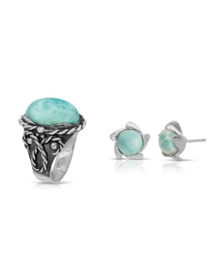 Larimar Braided Ring + Larimar Vortex Earrings