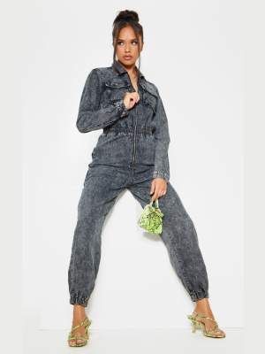 Black Acid Wash Zip Front Denim Jumpsuit