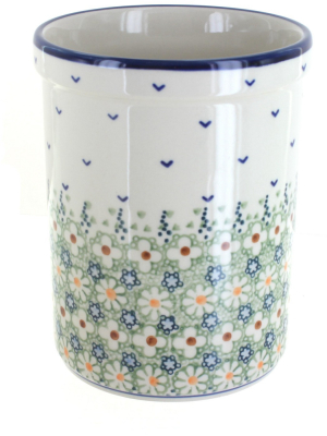 Blue Rose Polish Pottery Green Daisy Utensil Jar