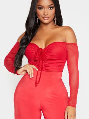 Shape Red Mesh Long Sleeve Ruched Bodysuit