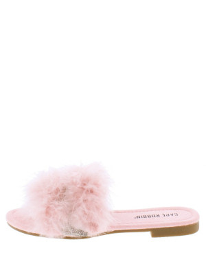 Easter Blush Open Toe Feather Rhinestone Slide Flat Sandal