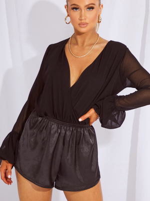 Black Chiffon Puff Ball Cuff Plunge Bodysuit