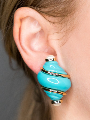 Gold Turquoise & Pearl Tip Shell Clip Earrings