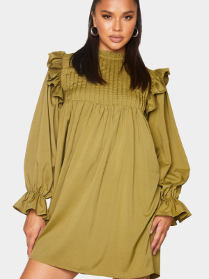 Khaki Ruffle Binding Detail Shirt Dress