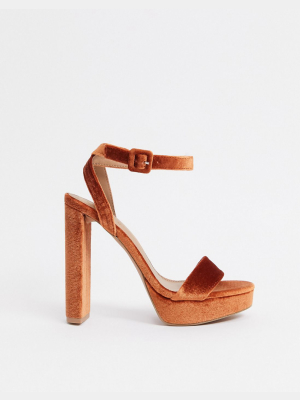 Asos Design Natasha Platform Barely There Heeled Sandals In Rust Velvet