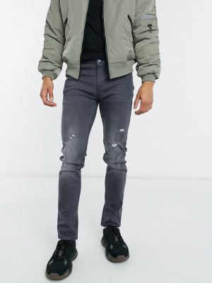 Asos Design Skinny Jeans In Gray With Abrasions