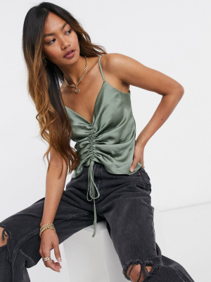 Asos Design V-neck Satin Cami Top With Ruched Front In Sage