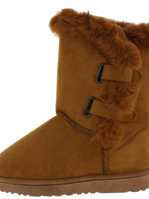 Adele297 Camel Faux Fur Lined Dual Strap Lug Boot