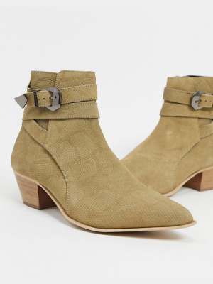 Asos Design Cuban Heel Western Chelsea Boots In Embossed Stone Suede With Strap Detail