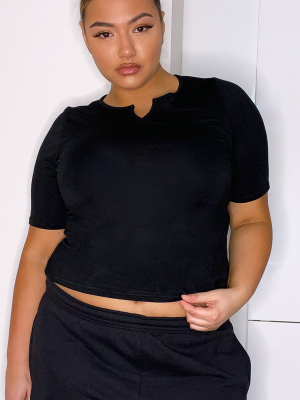 Plus Black Jersey V Neck Long Crop Top