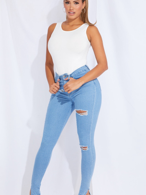 Shape Light Blue Wash Distressed Stretch Split...