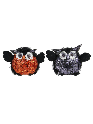 Northlight 8" Sequin Crinkle Standing Owl's Halloween Decoration 2ct - Orange/black