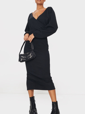 Black V Neck Wide Sleeve Maxi Sweater Dress