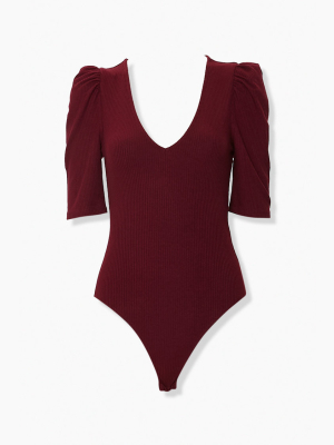 Ruched-sleeve Rib Knit Bodysuit