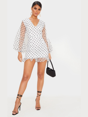 White Polka Dot Organza Frill Hem Bodycon Dress