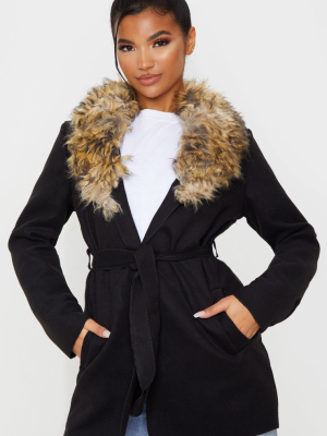 Lydia Black Faux Fur Trimmed Belted Coat