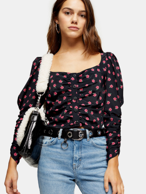 Petite Black Floral Ruched Bust Prairie Blouse