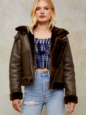 Olive Faux Shearling Biker Jacket