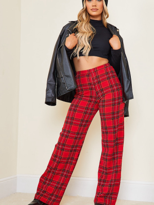 Red Tartan Check Wide Leg Trousers