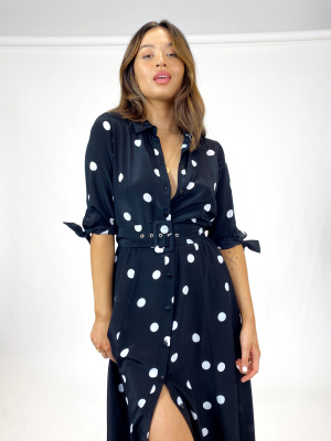 Daphne Belted Shirt Dress / Mono Spot Print