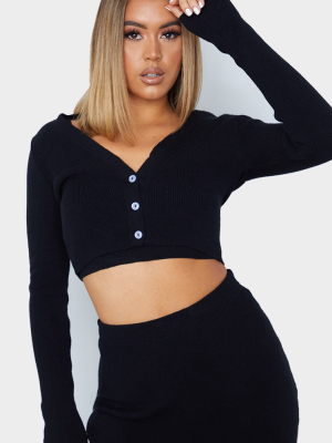 Black Ribbed Knitted Cropped Cardigan