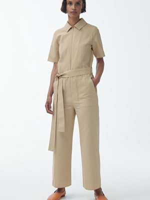 Linen-mix Belted Wide Leg Jumpsuit