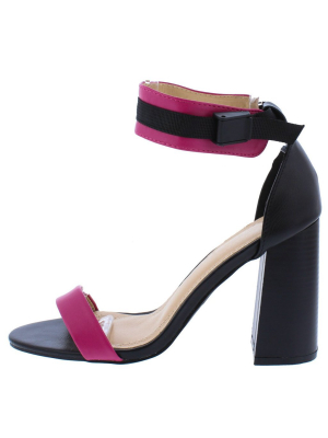 Bianeth262 Black Fuchsia Open Toe Ankle Clip Block Heel