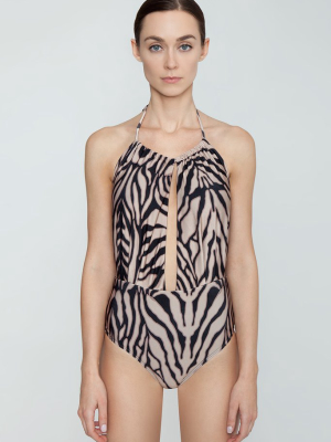 Hamptons Plunging Halter One Piece Swimsuit - Tiger Animal Print