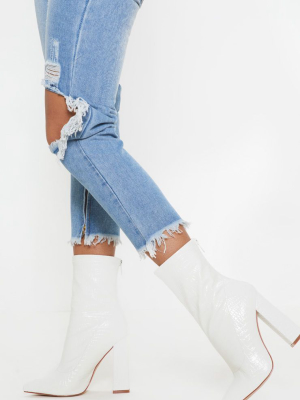 White Croc Block Heel Point Boot