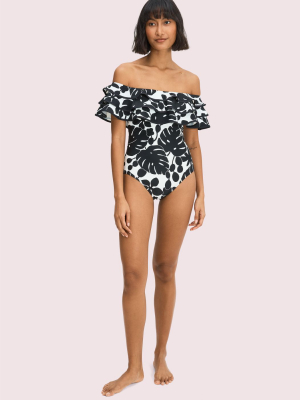 Monstera Grove Ruffle Off-the-shoulder One-piece