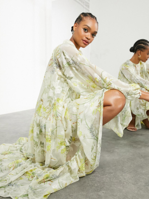 Asos Edition Oversized Satin Burnout Maxi Dress In Botanical Floral Print