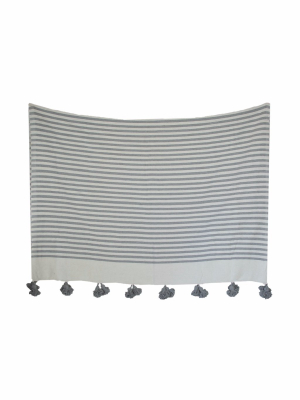 Moroccan Pom Pom Blanket, Grey And White Stripes With Grey Pom Poms