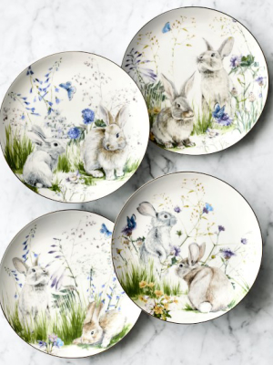 Floral Meadow Mixed Salad Plates, Set Of 4, Bunny