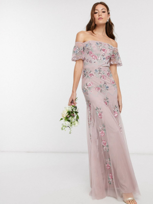 Maya Bridesmaid All Over Floral Embellished Bardot Maxi Dress In Pink