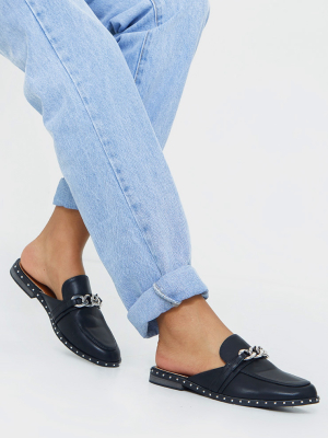 Black Studded Chunky Chain Mule Flat