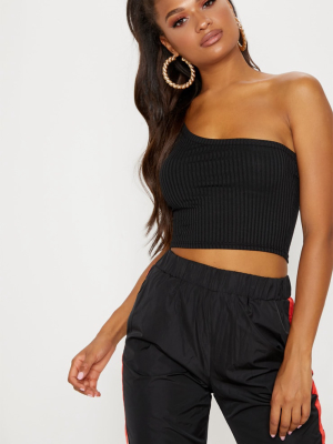 Black One Shoulder Ribbed Crop Top