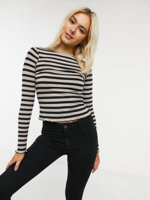 Asos Design Long Sleeve Top In Rib With Black And Brown Stripe