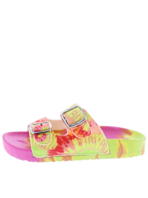 Jeweled Tie Dye Multi Open Toe Dual Buckle Strap Slide Sandal