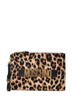 Moschino Leopard Print Logo Plaque Pouch